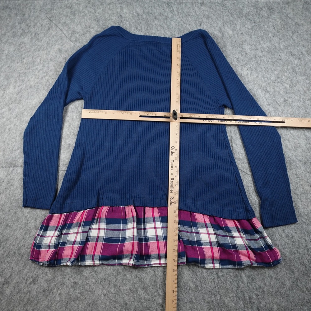 Torrid Top Women Size 2X Blue Ribbed Mixed Media Plaid Hem V Neck Long Sleeve - Picture 7 of 10